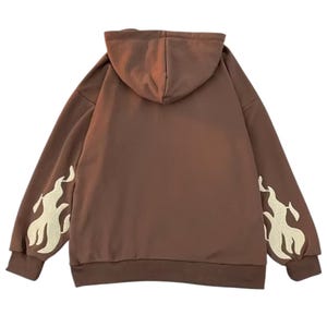 May include: Brown hoodie with a drawstring hood and ribbed cuffs. The sleeves feature a flame design in a lighter shade. The hoodie is made of a soft material and is suitable for casual wear.