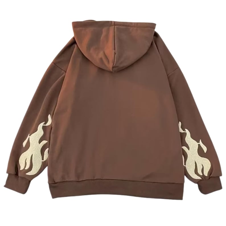 May include: Brown hoodie with a drawstring hood and ribbed cuffs. The sleeves feature a flame design in a lighter shade. The hoodie is made of a soft material and is suitable for casual wear.