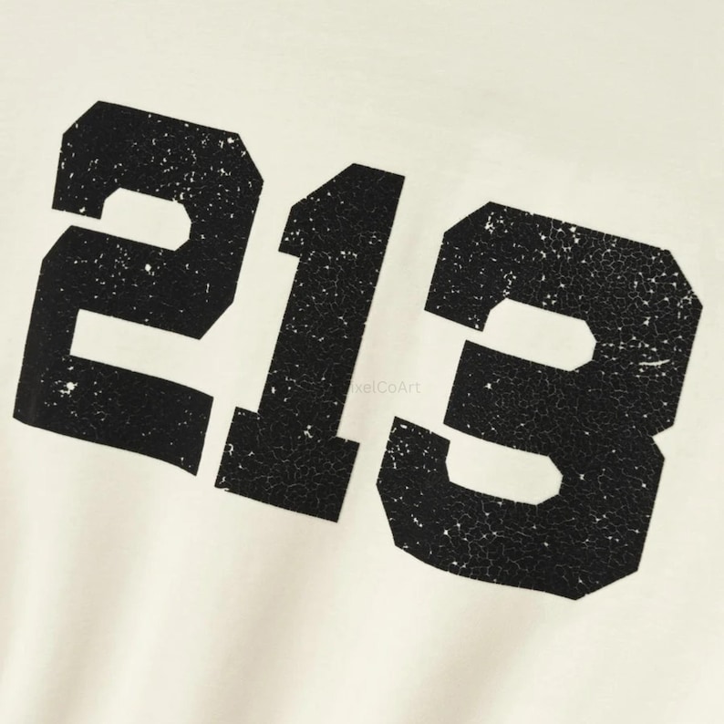 May include: Close-up of a cream-colored fabric with the number "213" printed in distressed black. The numbers have a textured, worn appearance, suggesting a vintage or retro design.