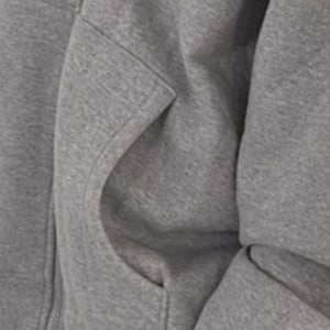 May include: Close-up of a gray hoodie with a kangaroo pocket. The fabric is a soft, textured material. The pocket is large and has a curved opening. The hoodie appears to be made of a thick, warm fabric, suitable for cooler weather.