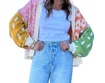 Överdimensionerad stickad kofta i färgblock för kvinnor