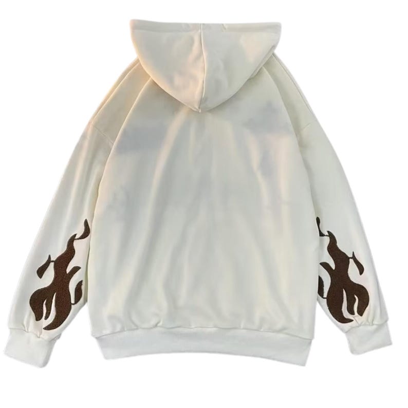May include: Cream-colored hoodie with a hood and long sleeves. The sleeves feature brown flame designs. The back of the hoodie is plain. A casual, comfortable garment.