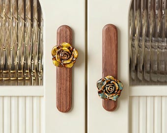 Vintage Rose Ceramic And Wood Cabinet Pull, Walnut Beech Drawer Handle