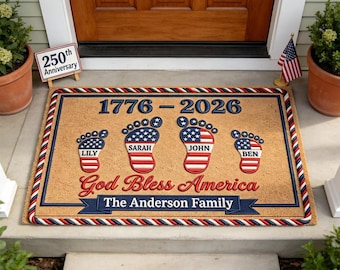 Personalized USA 250th Anniversary Doormat, God Bless America 4th of July Keepsake for Family,Home Decor Gift Idea,Welcome Mat, Family Decor