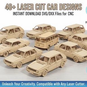 Puede incluir: Una colección de diseños de coches cortados con láser, incluyendo sedanes, una furgoneta y un coupé. Los coches son de madera clara y se muestran sobre una superficie clara. El texto de la imagen dice "40+ Laser Cut Car Designs" y "Instant Download SVG/DXX Files for CNC."