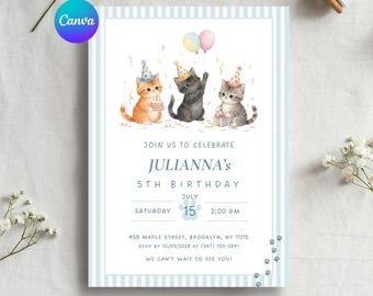 Cat Birthday Invitation | Editable Canva Template 5x7 | Printable & Digital Download