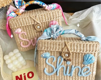 Custom Embroidered Straw Beach Bag, Hand-Held Picnic Basket, Bridesmaid Wedding Gift