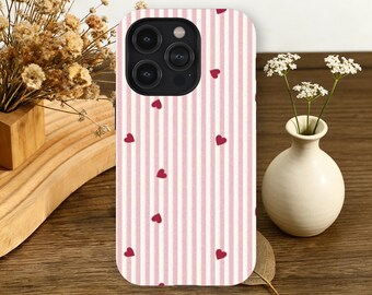 Roze hart telefoonhoesje gestreept esthetisch coquette-ontwerp voor iPhone 17 16 15 14 13 12 11 Pro Max, Samsung Galaxy S26 S25 S24 S23 ultra preppy