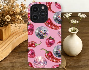 Disco Ball Strawberry Chili Phone Case Pink Maximalist Aesthetic voor iPhone 17 16 15 14 13 12 Pro Max, Samsung Galaxy S26 S25 S24 S23 Ultra