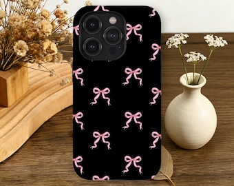 Coquette Pink Bow Phone Case Aesthetic Ribbon Pattern Black Cover iPhone 17 16 15 14 13 12 11 Pro Max, Samsung Galaxy S26 S25 S24 S23 Ultra
