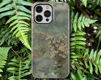 Capa de celular vintage verde com colagem de margaridas, estilo retrô artístico, para iPhone 17, 16, 15, 14, 13, 12, 11 Pro Max, Samsung Galaxy S26, S25, S24, S23 Ultra.
