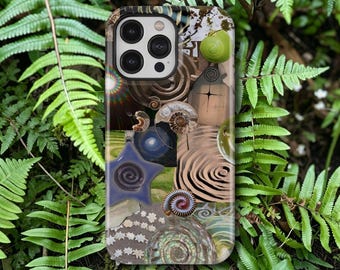 Capa para celular com colagem vintage em espiral, capa artística com estrela em espiral e concha verde para iPhone 17 16 15 14 13 12 11 Pro Max, Samsung Galaxy S26 S25 S24 Ultra
