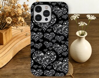 Black White Floral Heart Phone Case Coquette Aesthetic Flower Collage iPhone 17 16 15 14 13 12 Pro Max, Samsung Galaxy S26 S25 S24 S23 Ultra