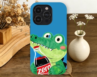 Crocodile Phone Case Aesthetic Cute Alligator Soda Illustration iPhone 17 16 15 14 13 12 11 Pro Max, Samsung Galaxy S26 S25 S24 S23 Ultra