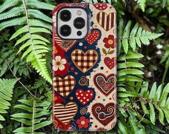 Capa de celular retrô com estampa de coração e flor, estilo boho, com textura desgastada e craquelada, para iPhone 17, 16, 15, 14, 13, 12, 11 Pro Max e Samsung Galaxy S26 Ultra.