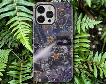 Capa Whimsigot Stellar Whispers roxa com estampa estrelada para iPhone 17, 16, 15, 14, 13, 12, 11 Pro Max e Samsung Galaxy S26, S25, S24 e S23 Ultra.