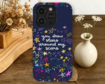 Handgeschreven Lyric-telefoonhoesje Stars Around Marineblauwe sterrenhemel voor iPhone 17 16 15 14 13 12 11 Pro Max, Samsung Galaxy S26 S25 S24 S23 Ultra