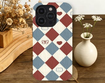 Coquette Argyle telefoonhoesje vintage geruit ruitpatroon strikken voor iPhone 17 16 15 14 13 12 11 Pro Max, Samsung Galaxy S26 S25 S24 S23 Ultra