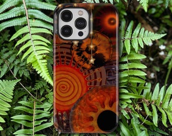 Capa retrô vermelha com sol e lua para celular, estilo boho vintage celestial, compatível com iPhone 17, 16, 15, 14, 13, 12, 11 Pro Max e Samsung Galaxy S26, S25, S24 e S23 Ultra.