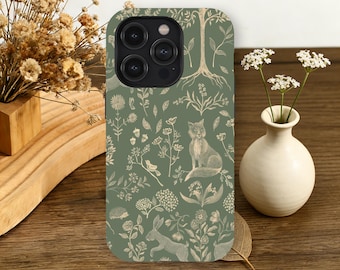 Capa de celular vintage com estampa de animais da floresta em verde sálvia para iPhone 17, 16, 15, 14, 13, 12, 11 Pro Max e Samsung Galaxy S26, S25, S24, S23 Ultra Fox.
