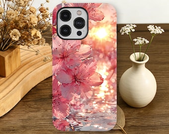 Cherry Blossom Phone Case Aesthetic Sakura Floral Cover Sunset for iPhone 17 16 15 14 13 12 11 Pro Max, Samsung Galaxy S26 S25 S24 S23 Ultra