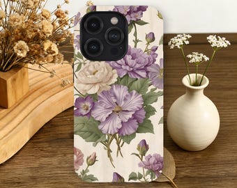 Purple Floral Phone Case Vintage Peony Aesthetic iPhone 17 16 15 14 13 12 11 Pro Max, Samsung Galaxy S26 S25 S24 S23 Ultra Botanical Garden