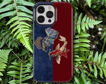 Capa para celular Steampunk com estampa de carpa koi, estilo vintage, nas cores vermelho e azul, para iPhone 17, 16, 15, 14, 13, 12, 11 Pro Max e Samsung Galaxy S26 S25 Ultra.