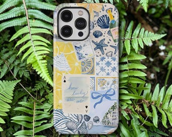 Capa para celular com estampa de colagem praiana, estilo preppy, fofa e estética, compatível com iPhone 17, 16, 15, 14, 13, 12, 11 Pro Max, Samsung Galaxy S26, S25, S24 Ultra.