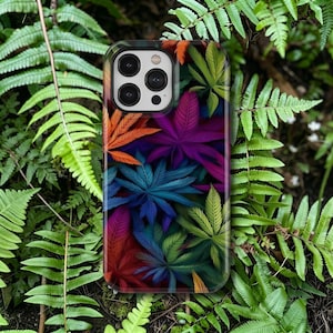 May include: A smartphone case featuring a vibrant, multi-colored pattern of serrated leaves in shades of orange, purple, blue, red, and green. The case has a rectangular cutout at the top left for a triple-lens camera system and flash.