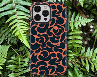 Capa para celular com estampa abstrata de leopardo em coral e azul marinho, estilo retrô e ousado, para iPhone 17, 16, 15, 14, 13, 12, 11 Pro Max, Samsung Galaxy S26, S25, S24, S23 Ultra.