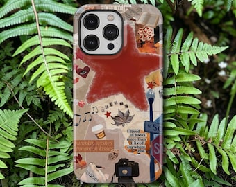Capa para celular com estampa de colagem de outono, estrela vermelha, estilo vintage, indie e artística, para iPhone 17, 16, 15, 14, 13, 12, 11 Pro Max e Samsung Galaxy S26 S25 Ultra.