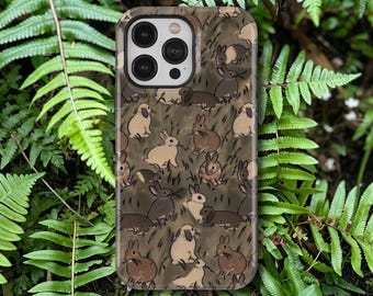 Capa de celular vintage com coelho estilo cottagecore, capa fofa com tema de animais da floresta para iPhone 17, 16, 15, 14, 13, 12, 11 Pro Max, Samsung Galaxy S26, S25 Ultra.