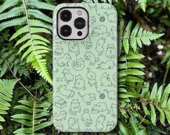 Capa de celular verde menta fofa com estampa minimalista de gato desenhado à mão para iPhone 17, 16, 15, 14, 13, 12, 11 Pro Max, Samsung Galaxy S26, S25, S24 Ultra