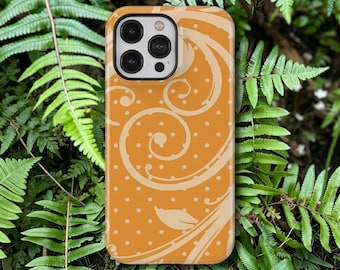 Capa para celular com estampa de bolinhas laranja em espiral, estilo retrô floral minimalista, para iPhone 17, 16, 15, 14, 13, 12, 11 Pro Max, Samsung Galaxy S26, S25, S24 Ultra.