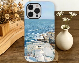 Capa para celular com pintura a óleo da costa impressionista, estilo praia de verão, para iPhone 17, 16, 15, 14, 13, 12, 11 Pro Max, Samsung Galaxy S26, S25, S24, S23 Ultra.