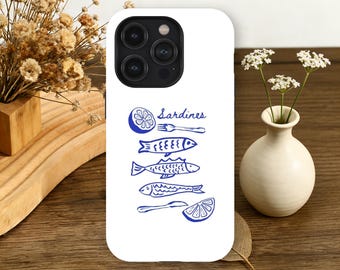 Coque de portable Sardines pour gourmets méditerranéens pour iPhone 17 16 15 14 13 12 11 Pro Max, Samsung Galaxy S26 S25 S24 S23 Ultra minimaliste bleu blanc