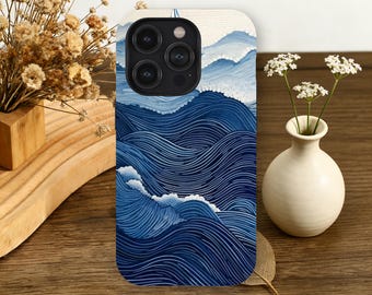 Blue Ocean Wave Phone Case Great Wave Illustration iPhone 17 16 15 14 13 12 11 Pro Max,Samsung Galaxy S26 S25 S24 S23 Ultra Nautical Sea Art
