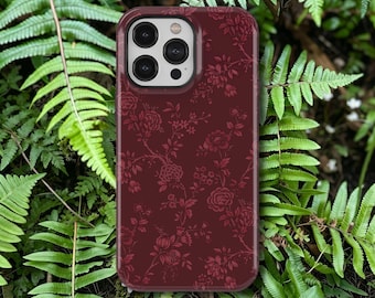 White Passionflowers on Deep Red Phone Case, Vintage Red Floral, iPhone 17 16 15 14 13 12 11 Pro Max, Samsung Galaxy S26 S25 S24 S23 Ultra