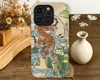 Japanse tijger telefoonhoesje vintage Ukiyo-e Art Roaring Tiger iPhone 17 16 15 14 13 12 11 Pro Max, Samsung Galaxy S26 S25 S24 S23 Ultra Retro