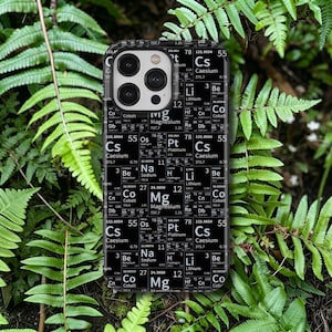Op de afbeelding: Een zwarte smartphonehoes met een herhalend rasterpatroon van chemische elementen uit het periodiek systeem, inclusief symbolen en namen zoals Magnesium, Lithium, Kobalt, Cesium, Platina en Natrium in witte tekst op een zwarte achtergrond.