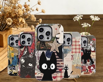 Capa de celular com gato preto - Capa com arte estética japonesa de gatinho para iPhone 17, 16, 15, 14, 13, 12, 11 Pro Max, Samsung S25, S24, S23, S22, S21 Ultra