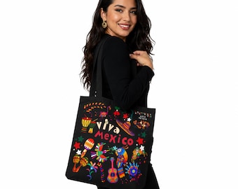 Viva Mexico Tote Bag, Mexican Folk Art Bag, Colorful Mexico Gift, Mexican Heritage Tote, Fiesta Market Bag, Gift for Women