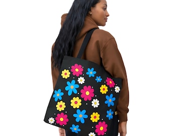 Colorful Daisy Floral Tote Bag, Retro Flower Canvas Tote, Cute Aesthetic Shoulder Bag, Reusable Grocery Bag, Gift for Her
