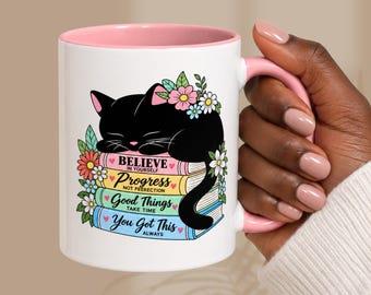 Cute Black Cat Mug, Floral Cat Coffee Mug, Pink Ceramic Mug, Cat Lover Gift, Inspirational Book Mug, Gift for Her(11, 15oz)