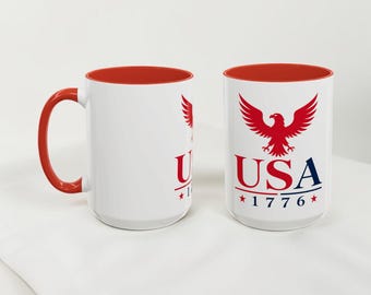 Patriotic USA Coffee Mug, American Eagle Mug, Red Accent Ceramic Mug, USA Pride Coffee Cup, 11oz 15oz