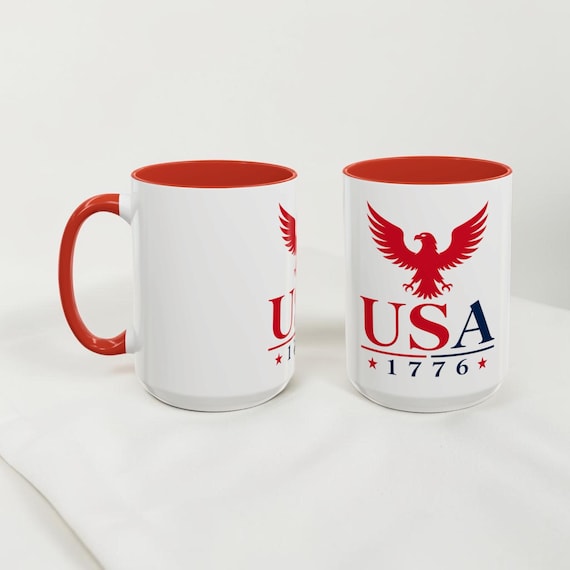Patriotic USA Coffee Mug, American Eagle Mug, Red Accent Ceramic Mug, USA Pride Coffee Cup, 11oz 15oz