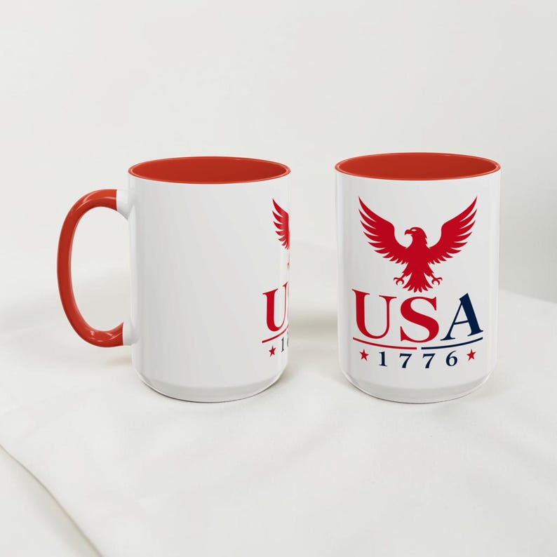 Patriotic USA Coffee Mug, American Eagle Mug, Red Accent Ceramic Mug, USA Pride Coffee Cup, 11oz 15oz image 1
