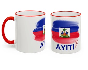 Ayiti Love Mug,  Haitian Flag Coffee Mug, Red Accent Ceramic Cup 11oz ,Haiti Pride Gift, Haitian Heritage Mug