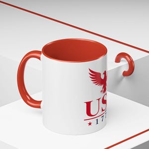Patriotic USA Coffee Mug, American Eagle Mug, Red Accent Ceramic Mug, USA Pride Coffee Cup, 11oz 15oz image 4