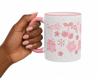 Pink Coquette Mug, Cute Girly Coffee Mug, Kawaii Cherry Mug, Pink Bow Ceramic Cup, Feminine Aesthetic Mug, Gift for Her, 11oz